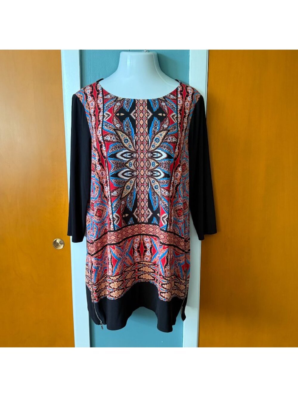 Rafaella Womens Top SIze 1X Tunic Multi Color Zip Side Slits Ikat Stretch BOHO